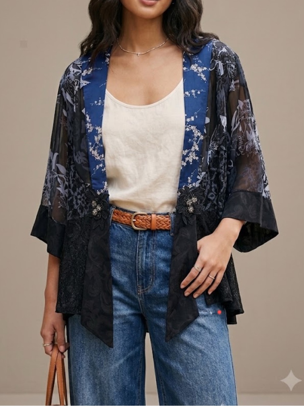 VTG Spencer Alexis Black Sheer Sleeve Floral Print Kimono Style Top size 2x